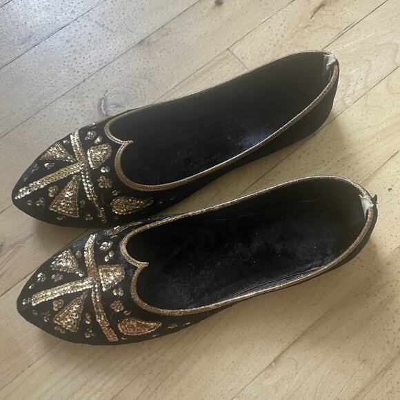 Vintage‎ Handmade Jutti Shoes Womens Size 7.5 Black Gold Beaded Pakistan Velvet - Picture 1 of 12